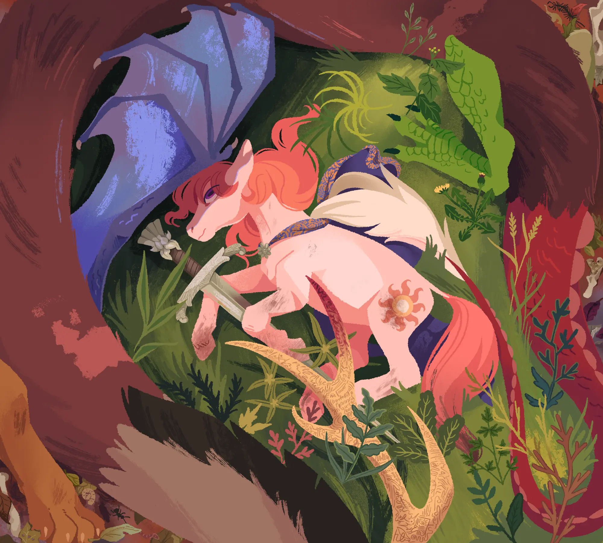 A painting of a wingless, hornless, muddy Princess Celestia laying in grass, hugging an intricately detailed longsword, hilt shaped like a flower head, between her legs. She's surrounded by the serpentine of Discord, his bat wing casting her face partially in shade. Dirt, rotting leaves, bones and insects appear on the outer edges of the composition. Discord's antler appears to be inscribed with illegible writings.