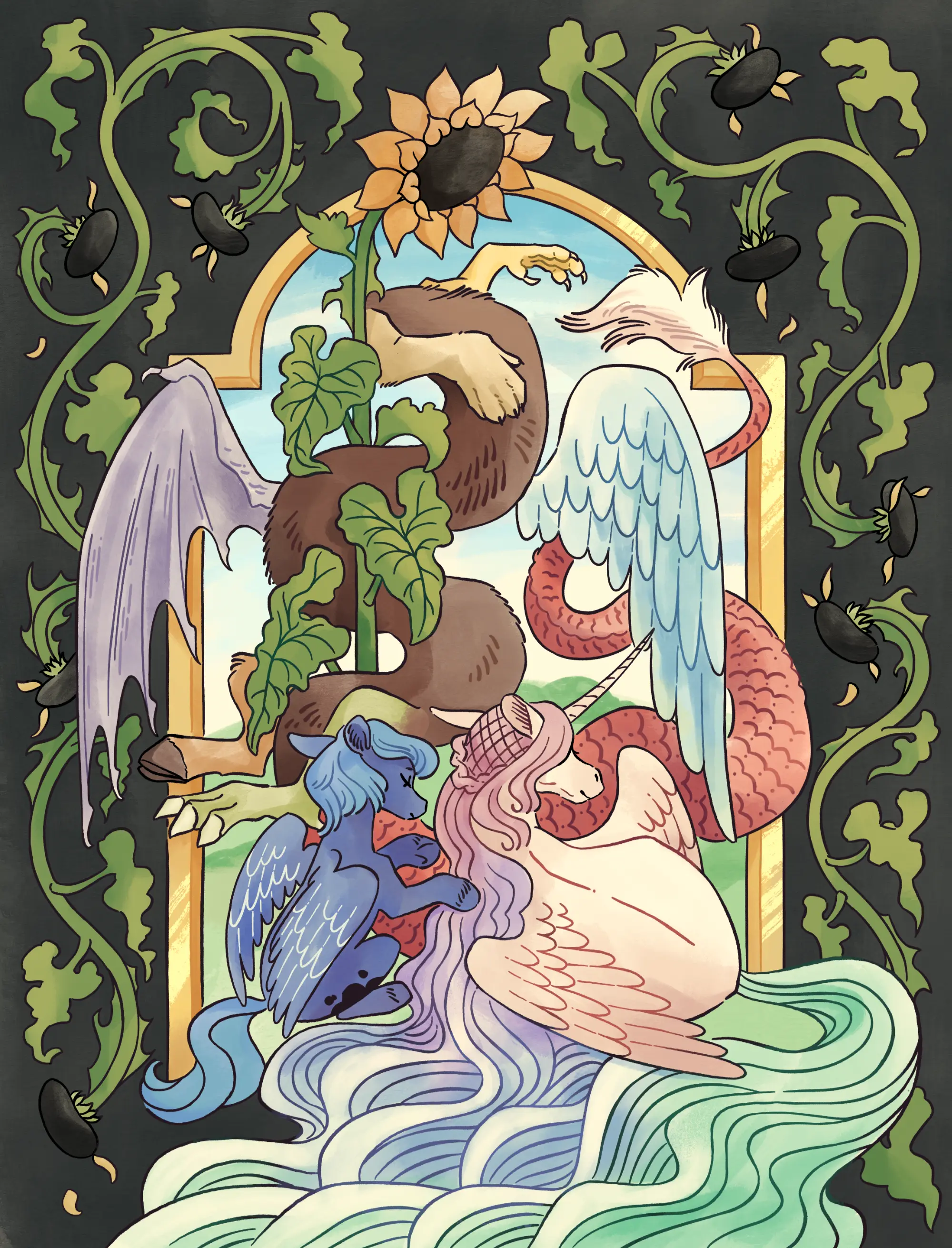 An illustration depicting Luna, Celestia, and Discord from the show My Little Pony: Friendship is Witchcraft. Luna, depicted as a pegasus, is behind Celestia, manipulating her hair. Discord's body weaves around a tall sunflower. The scene is framed in gold, with a pattern of withering sunflowers outside of the golden frame on a dark background.

