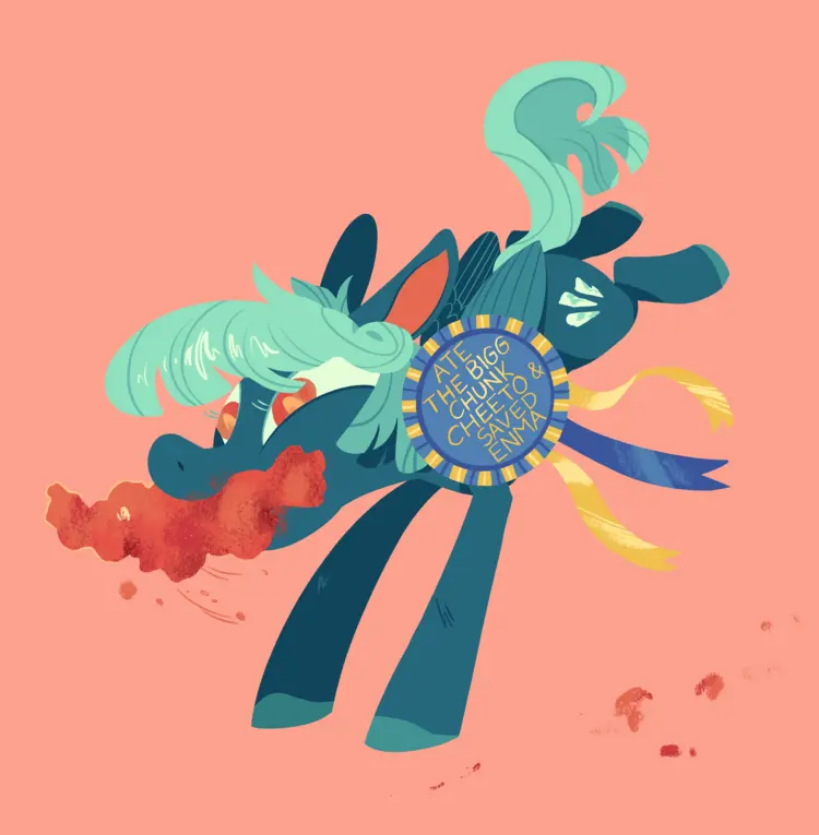 A drawing of Cold Snap running with a gigantic red cheetoh in her mouth, with a blue and yellow aware ribbon with the text 