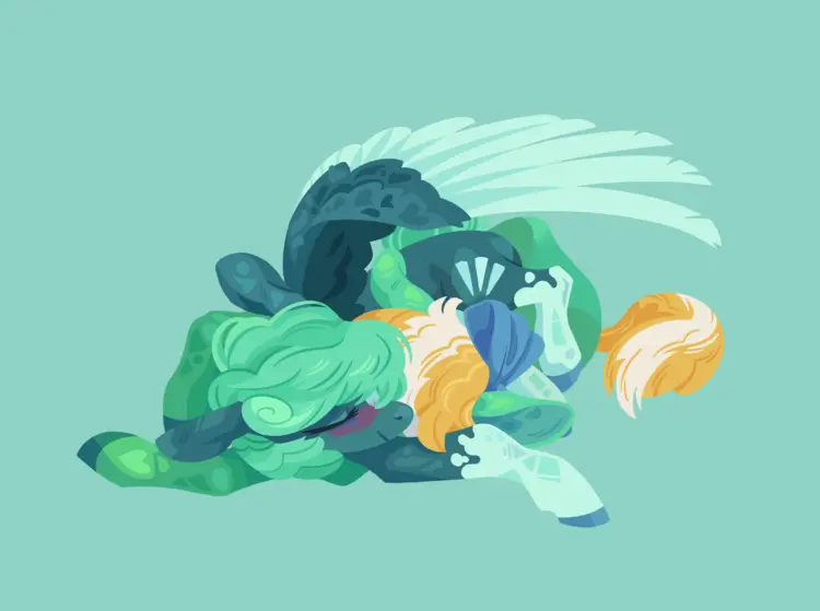 A painting of two ponies holding each other; the pegasus has her wing spread over the both of them.