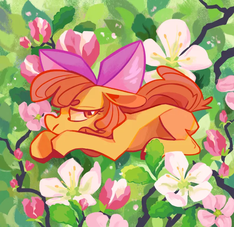 A painting of Applebloom lying on the ground, holding her head between her front legs. She has a weary expression. She's surrounded by apple tree leaves and blossoms.