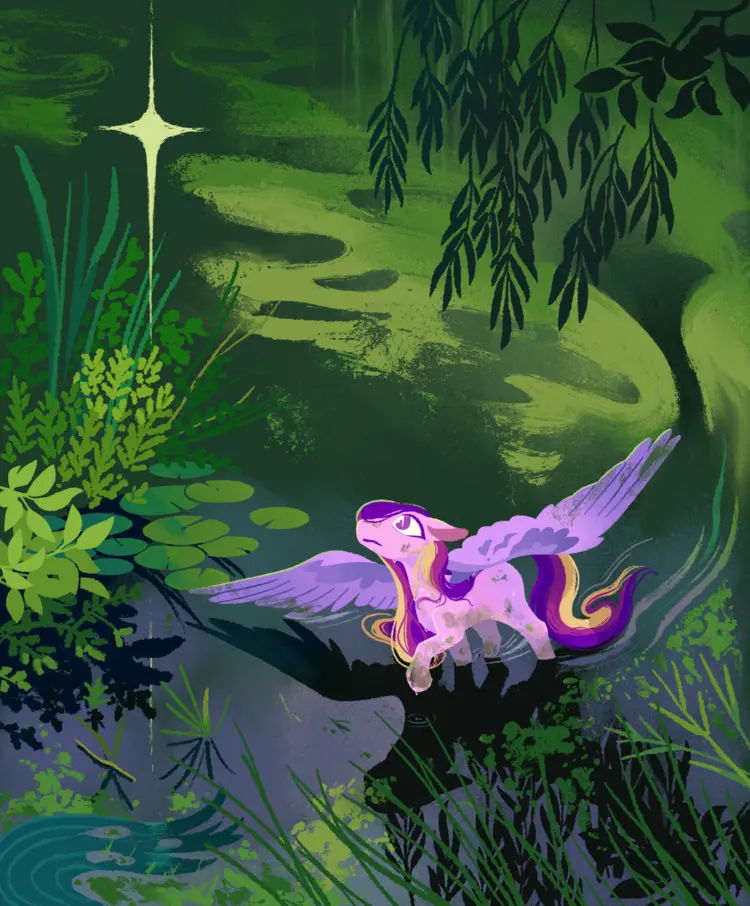 A painting of Princess Cadance from My Little Pony: Friendship is Magic wading through a green, plant-filled swamp. She's covered in mud and grime, and looking up at and walking towards a bright, four-pointed star above. Queen Chrysalis' tail is floating in the bottom left of the composition, the star seeming to point towards her.