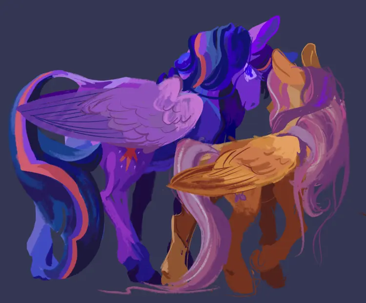 A painting of alicorn Twilight walking beside a greying Fluttershy. They're looking closely into each other's eyes.