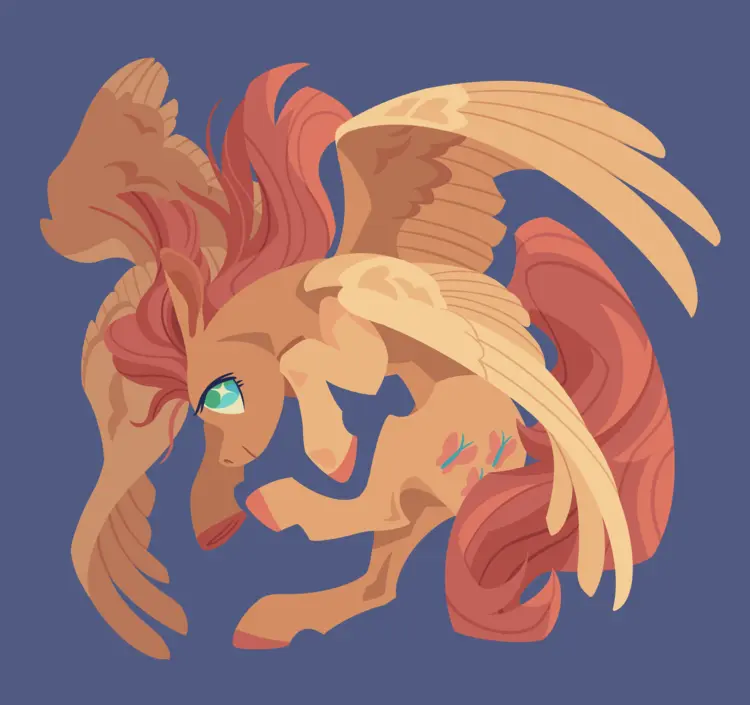 A painting of Fluttershy from My Little Pony: Friendship is Magic. She's curled over mid-flight, with two sets of wings.