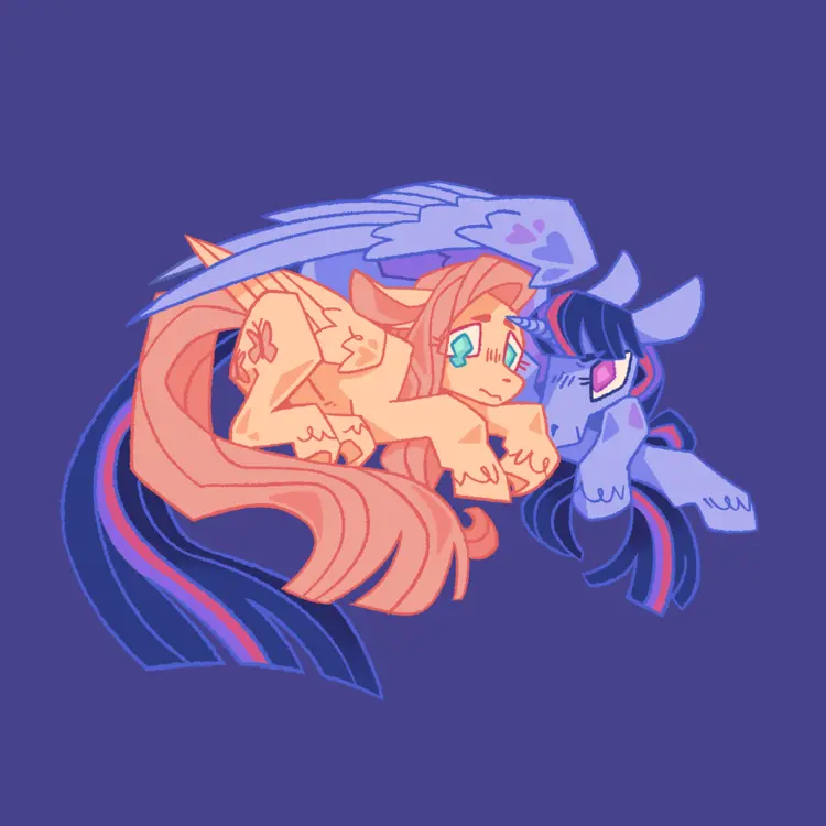 A painting of Fluttershy and Twilight Sparkle lying on the ground next to each other. Fluttershy looks anxious, and is starting to tear up. Twilight is holding a wing over her.