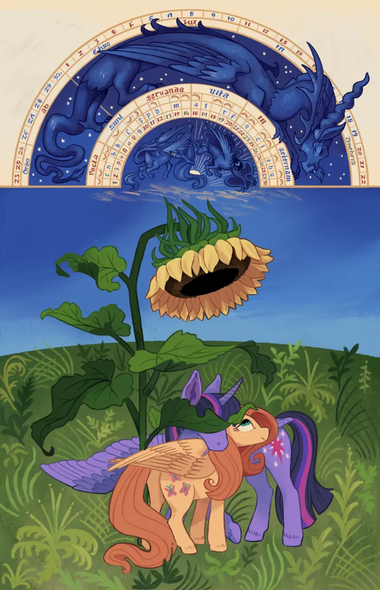 A painting mimicking the calendar layout in the Limbourg brothers Très Riches Heures du Duc de Berry illuminated manuscripts. The top calendar section consists of concentric semicircles, with sections filled with illustrations, numbers, letters, moons, and Latin phrases. The phrases read: Ordo Ab Chao, Lux in Tenebris, Pacta sunt servanda, and Vita in aeternum. Monotone illustrations of Discord, Celestia, and Luna also appear in the calendar section.In the main image section below the calendar, Twilight Sparkle hangs a head over Fluttershy as they stand close together. A giant sunflower towers and hangs over the both of them. Twilight's face is covered by a large sunflower leaf, and Fluttershy looks up at the head of the sunflower, anxious.