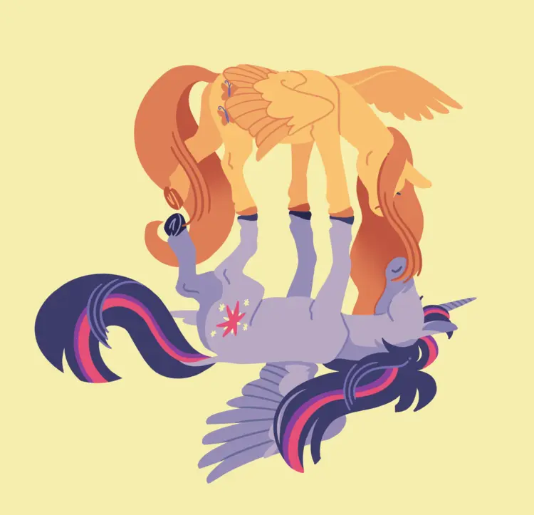 A painting of Fluttershy and Twilight Sparkle from My Little Pony: Friendship is Magic. Twilight is on her back with her legs raised up in the air, with Fluttershy balancing up in the air on three of Twilight's raised hooves. Fluttershy's neck is craned down, smiling at Twilight.