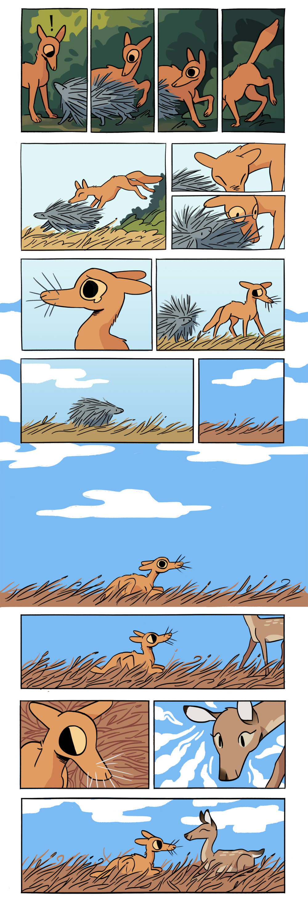 Page 2: a porcupine! Having found a new friend, the porcupine gallops happily out of the forest and into a yellow field of grass, the coyote following close behind. But the porcupine stops, and the coyote bumps its face into its sharp spines. Tearing up from the pain, the coyote leaves porcupine. Morning turns to noon, and a deer comes across the coyote. She looks intensely at the coyote, and the coyote averts its eyes. She then sits down happily beside it.