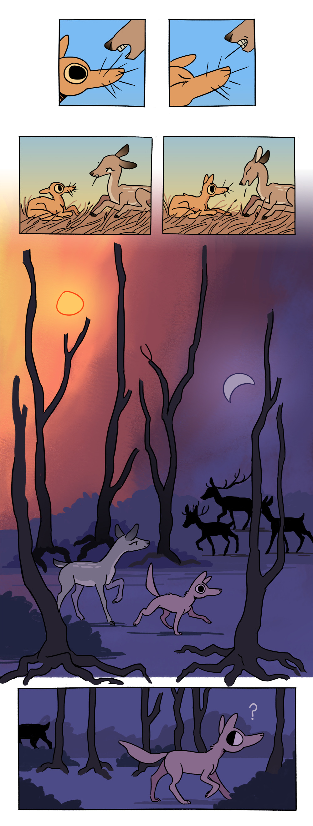 Page 3: the deer pulls a spine out of the coyote's face with her mouth, startling the coyote. But the coyote realizes the good she's done, and allows her to continue until sunset. Coyote is trotting along, deer behind, but she notices her own kind walking in the opposite way. She follows them, leaving coyote alone.