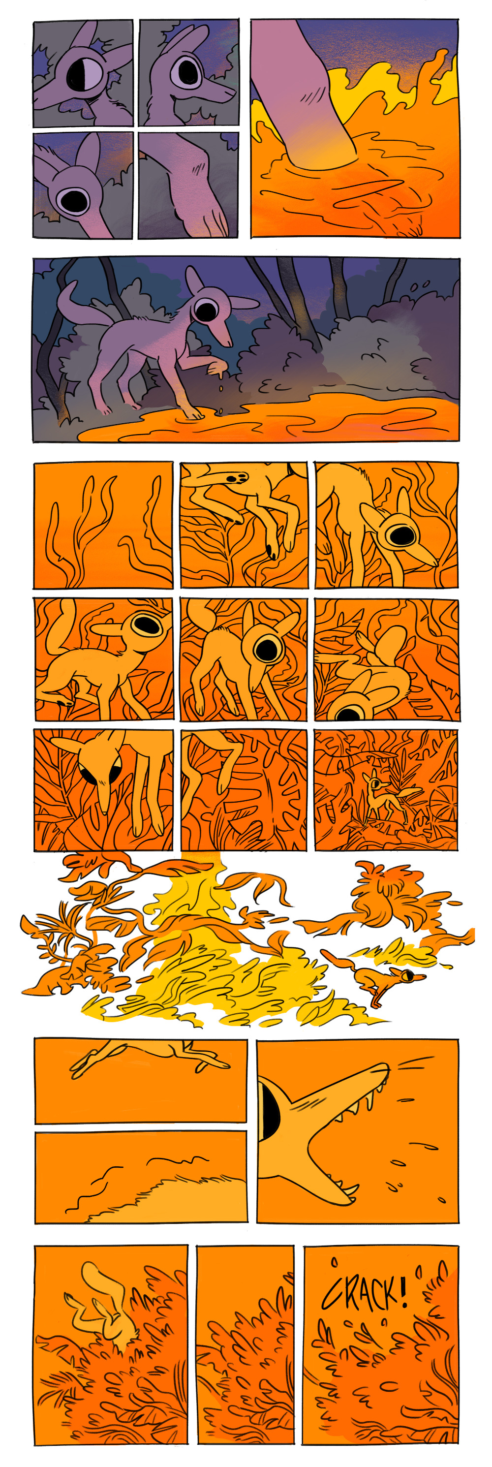 Page 4: Coyote looks around, and accidentally steps into a flowing orange pond. It decides to leap in, sinking impossibly deep through a dense sea of plants, until it reaches the bottom. Then, filled with a sudden burst of energy, the coyote runs forward, and jumps maw-first into a bush. 'Crack!'