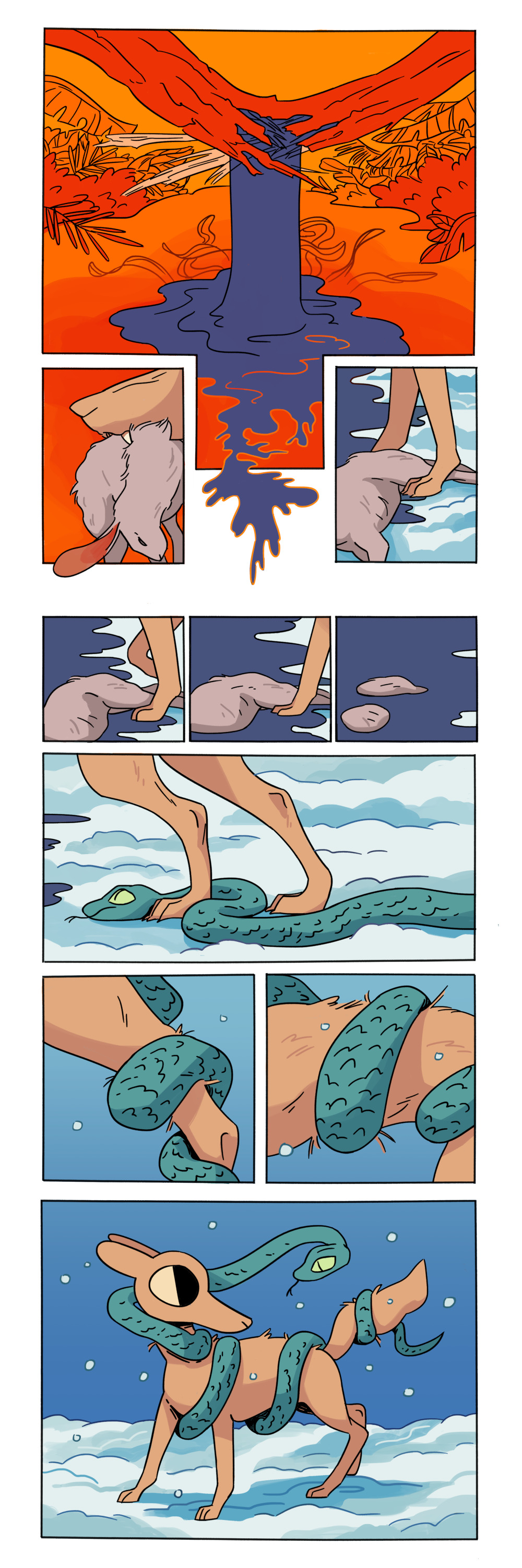 Page 5: a log above a pond at the bottom of the pond has cracked open, and indigo liquid pours out from it. Coyote has caught a rabbit, dead in its mouth, and it drops it on the ground. The indigo liquid creeps to the shore the coyote stands on, which has now become snow. The rabbit's body is swallowed by the liquid. The coyote backs into a snake, which curls up its leg, torso, and neck, meeting the coyote face-to-face.
