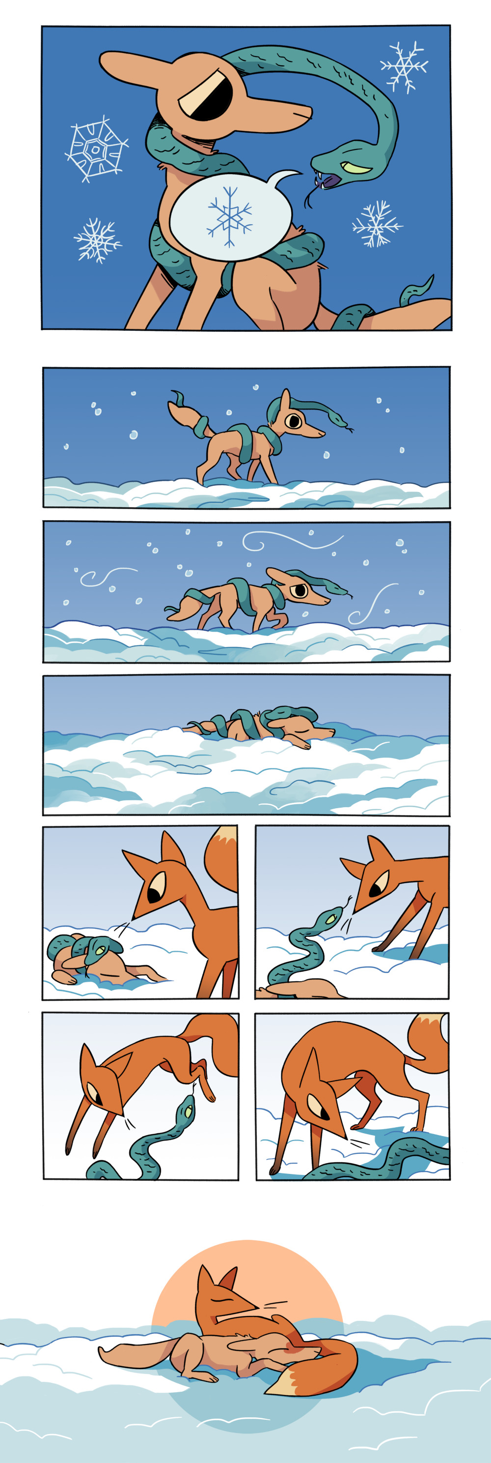Snake tells coyote they are cold. Coyote, feeling pity for the snake, lets it continue to hold on and walks forward, in search of warmth. The snow continues to rise, and eventually the coyote collapses from exhaustion, snake still coiled around. A fox comes across the coyote, confronts the snake, and chases it away. Fox lays next to coyote, warming them up and restoring their energy.