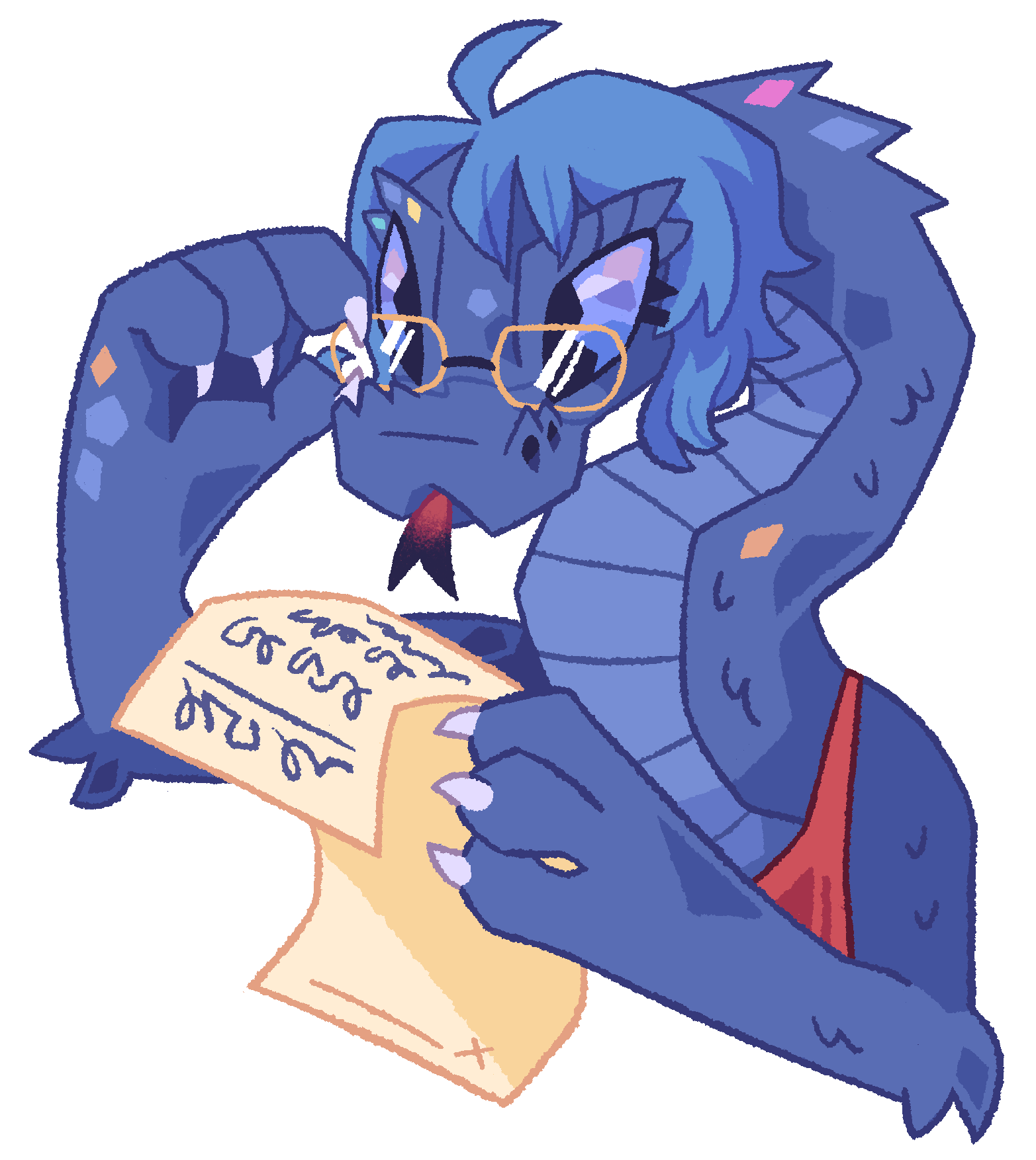 A drawing of Sneyenne with gold-rimmed glasses, examining a contract.