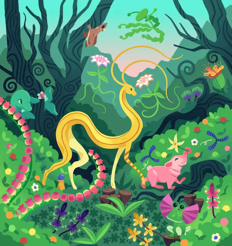 Artwork based on the 1996 computer game `Fin Fin on Teo the Magic Planet`. A banana deer is centered, surrounded by many other strange flora and fauna from Lemo Valley. Fin Fin hides behind a tree and observes, smiling.